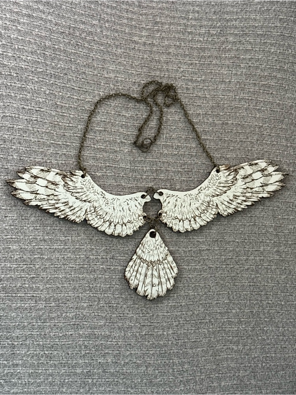 Whimsical wooden white & black wings & tail chain chunky statement necklace